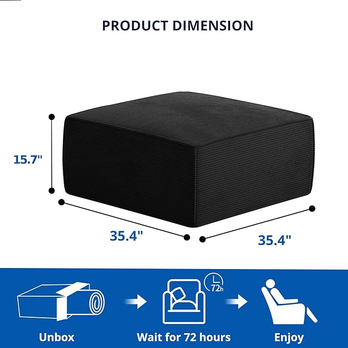 Cozy Castle 35 Ottoman for Sectional Couch Comfy Corduroy Futon Sofa Boneless Couches for Living Room Bedroom No Assembly Required (Black)