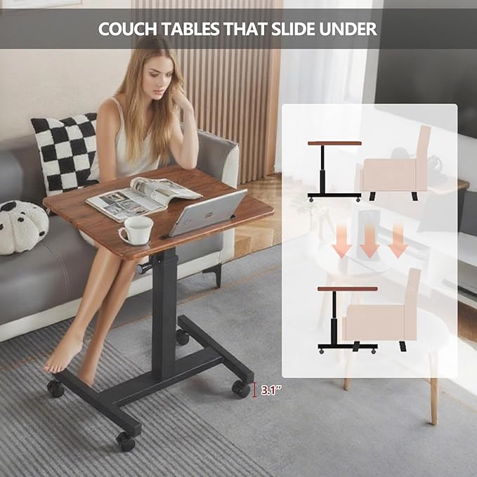 Mobile Standing DeskHeight Adjustable Overbed Bedside Table with Wheels&ampCup HolderHand Crank Sit Stand Desk and Laptop CartComputer Workstation for Home Office Classroom Hospital (Manual Walnut