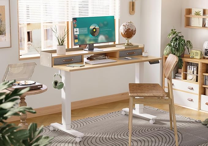 Claiks Standing Desk with Drawers Stand Up Electric Standing Desk Adjustable Height Sit Stand Desk with Storage Shelf and Splice Board 55 Inch Natural