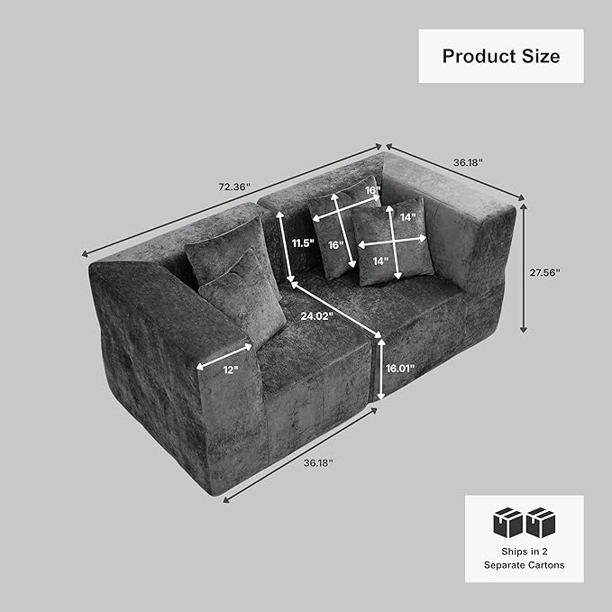 · REDEARTH · Love Seat Modular Velvet Sectional Sofa No-Assembly Compressed Couch in a Box Firm Support Boneless Modular System in Plush Velvet for Living Room (2-Seater) Dark Gray