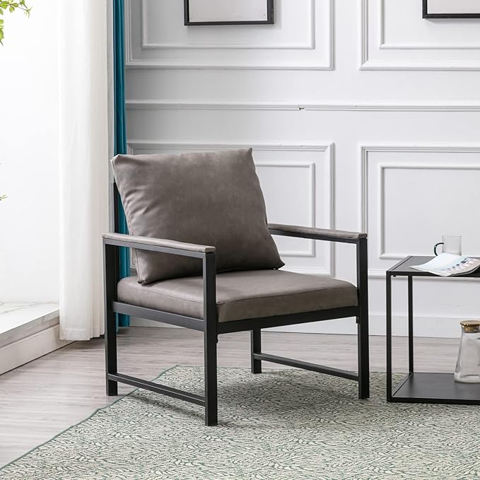 Modern Faux 265lbs Load Capacity PU Leather Accent Arm Chair with Extra-Thick Padded Backrest and Seat Single Sofa for Living Room Office Gray As Shown Grey