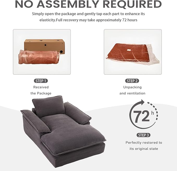 GNIXUU 67 Oversized Chaise Lounge Chair Indoor Corduroy Upholstered Boneless Sleeper Sofa Bed Comfy Large Reading Chair with Wide Armrests Plush Cloud Couch for Living Room Bedroom Gray