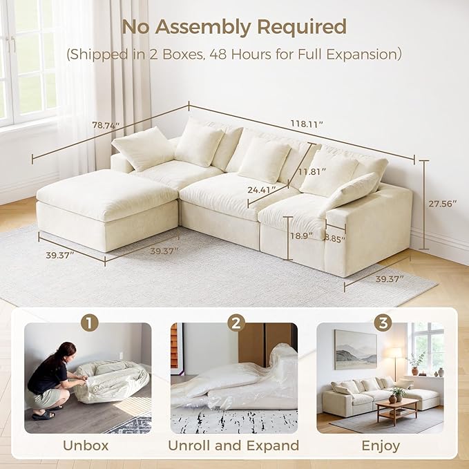 120 L-Shaped Boneless Cloud Couch Modular Sectional Sofa with Ottoman and Extra-Wide Armrests Deep Seat Sectional Couches for Living Room 35D High-Density Foam No Assembly Required Beige