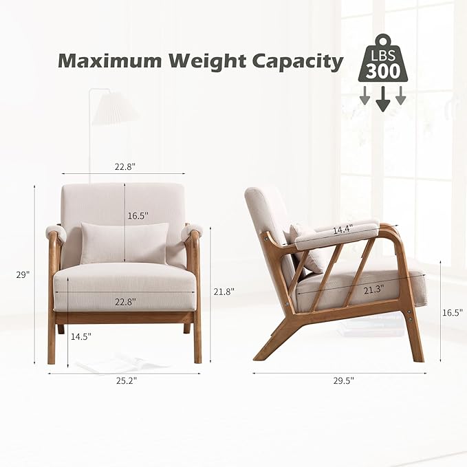 Mid Century Modern Accent Chair with Solid Wood Frame Upholstered Living Room Chairs with Lumbar Cushion Padded Arms Reading Armchair for Bedroom Set of 2 Beige