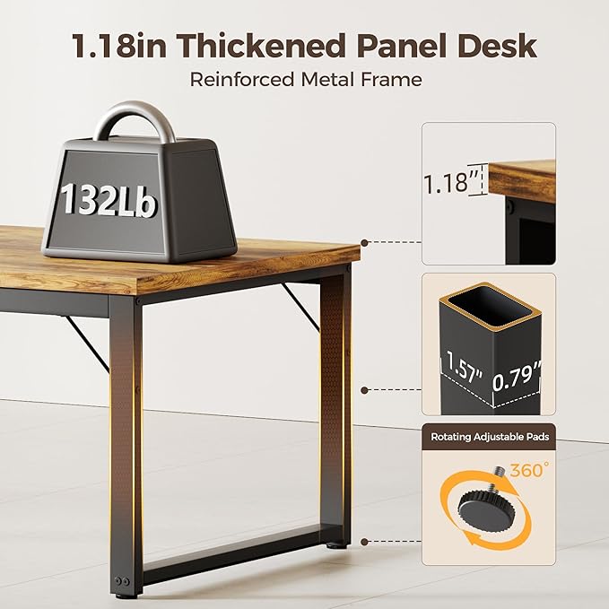 Mericonia 48 Inch Computer Desk with Power Outlets 1.2 Thick Heavy Duty Industrial Office Desk Modern Simple Study Writing Table for Home Bedroom Workstation Brown