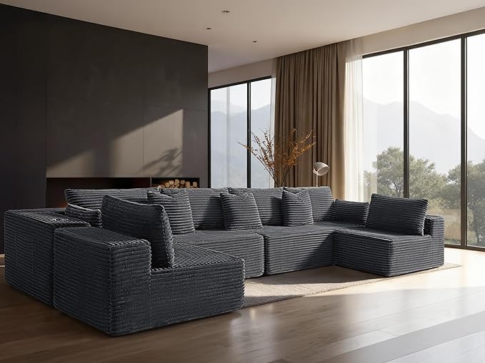 138 Cloud Sectional Couch Comfort U Shaped Sofa for Living Room Extra Deep Seats No Assembly Minimalist Modular Couch Corduroy (Dark Grey 6 SeatsU-Shape B)