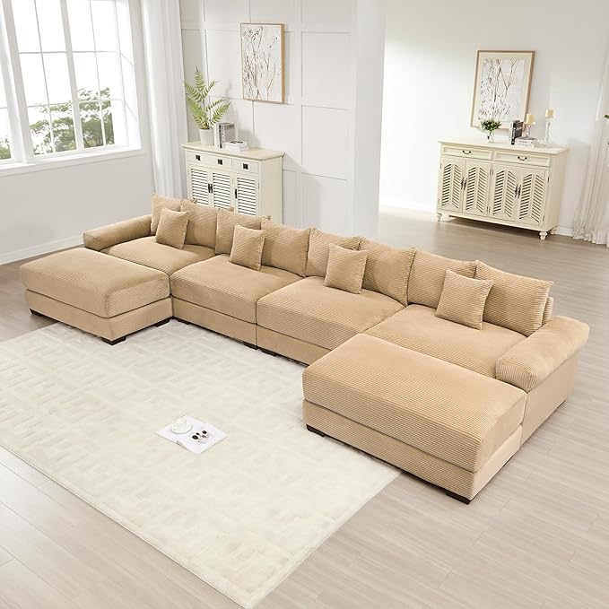 168.4 Oversized Modular Sectional Sofa Corduroy Large Sectional Couches for Living Room 4 Seater Couches with 2 Movable Ottomans Modern Deep Seat Sofa Set U Shaped Camel