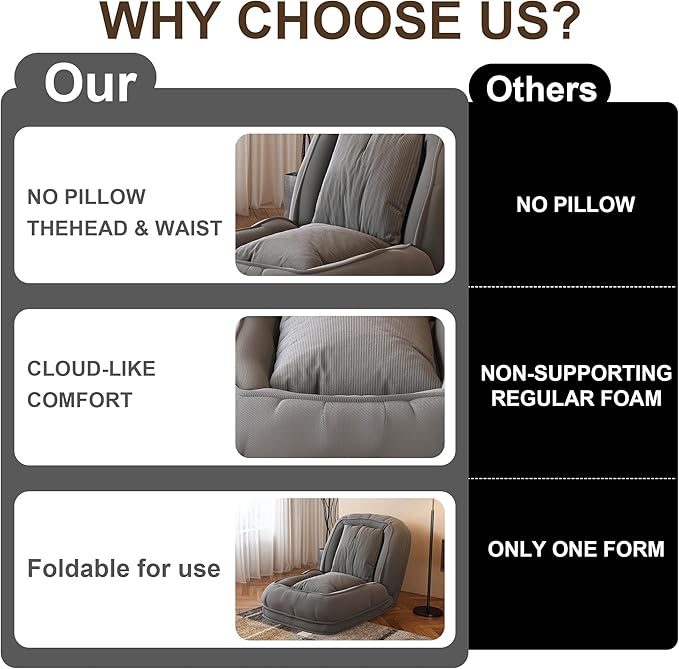 Lazy Sofa Couch 5 Adjustable Position Floor Sofa Fits with 2 Pillows Folding Tatami Lazy Bed Suit to Put in Bedroom Living Room (Gray-2)