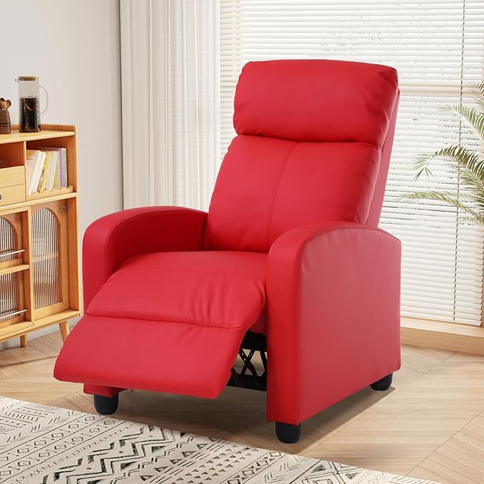 Recliner Chair for Living Room PU Leather Chair Sleeper Chairs for Adults Adjustable Comfortable Chair Single Sofa Chair Reading Chair for Bedroom with Footrest (Leather Red)