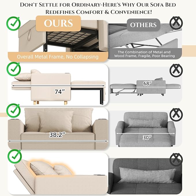 YODOLLA Sleeper Chair 38 Extra Wide Convertible Chair Bed Upgraded 3-in-1 Pull Out Single Sofa with Adjustable Backrest Cup Holder Pocket for Adults for Living Room Apartment Small Space Beige