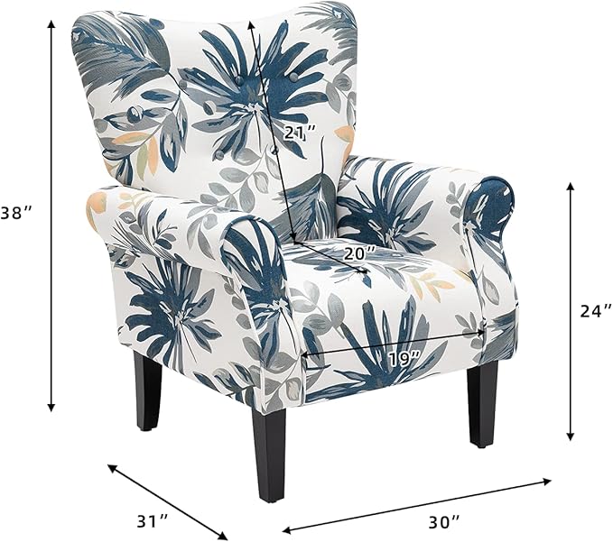 YOLENY Modern Accent ChairHigh Back ArmchairUpholstered Fabric Button Single Sofa with Wooden Legs for Living RoomBedroomBlue Leaves