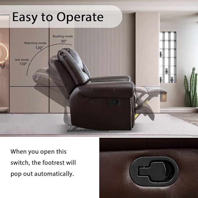 INZOY Leather Recliner Chair Heavy Duty Manual Reclining Sofa Single Lounge Sofa for Living Room Home Theater Seating Brown