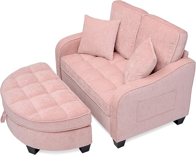 DEINPPA Oversized Accent Sofa Chair with Storage Ottoman Chenille Upholstered Comfy Chair with Throw Pillows for Living Room Reading Room Bedroom-Pink