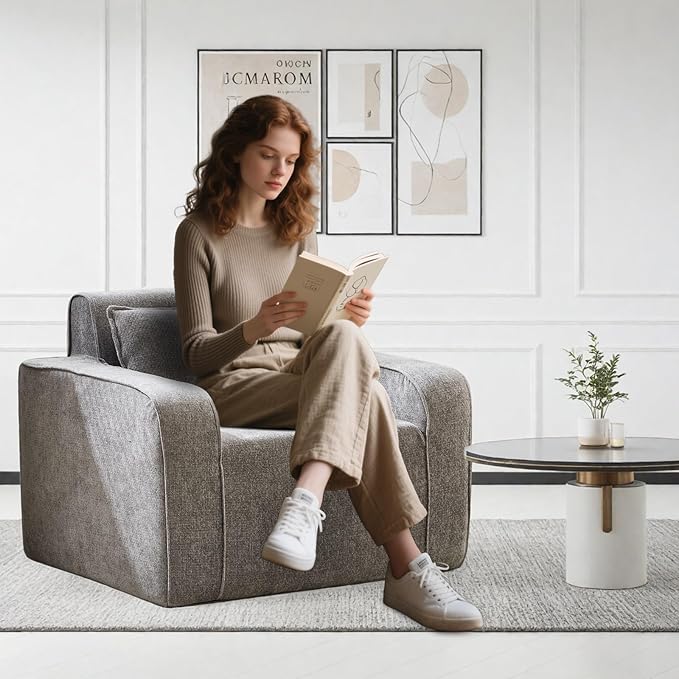 Accent Chair Set of 2 42'' Wide Oversized Boneless Sofa Chenille Mid Century Modern Armchair for Living Room Bedroom Comfy Accent Chair Single Sofa Gray