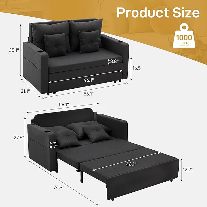 Sleeper Sofa Bed Convertible Pull Out Couch 56 Full Size Loveseat Sleeper Sofa with 4 Pillows Pocket &amp USB Small Couch Bed for Small Spaces Bedroom Apartment Living Room Linen Black
