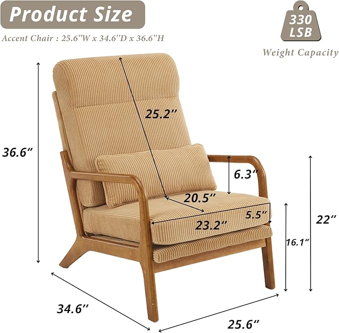 Karl home Mid-Century Modern Accent Chair Living Room Chairs with Pillow High Back Corduroy Upholstered Lounge Armchair with Solid Wood Frame &amp Soft Cushion for Bedroom Reading Room Khaki