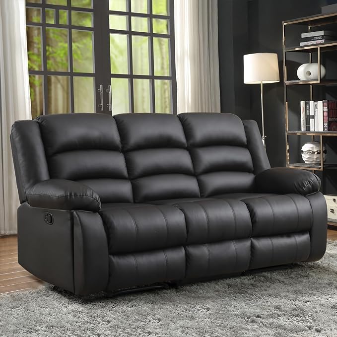 EBELLO Faux Leather Manual Reclining Sofa with 2 Concealed Cup Holders Overstuffed Armrest 3 Seat Recliner Sofa Couch for Living Room Meeting Room Bedroom Black