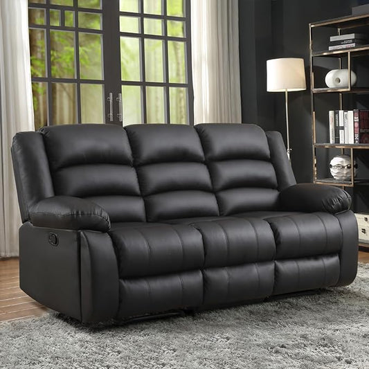 EBELLO Faux Leather Manual Reclining Sofa with 2 Concealed Cup Holders Overstuffed Armrest 3 Seat Recliner Sofa Couch for Living Room Meeting Room Bedroom Black