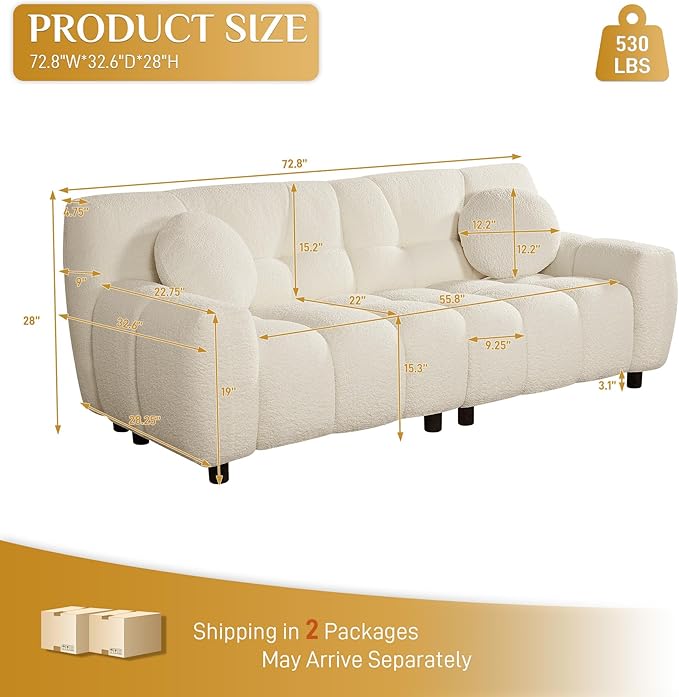 Boucle Cloud Sofa Couch Comfy Deep Seat Sherpa Couch 72.8 Upholstered Cozy Teddy 2 Seat Marshmallow Couches Oversized Loveseat Sofa for Living Room Bedroom Cream White