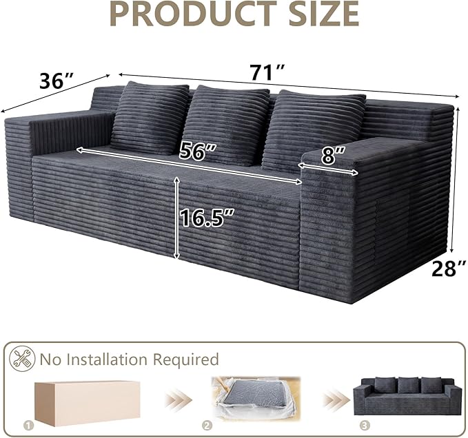 71 Love Seat Couches Corduroy Boneless Loveseat with Deep Seats 2 Seat Couch Apartment Size Couch with 3 Pillows&ampSide Pockets for Bedroom Office No Assembly Required Dark Gray