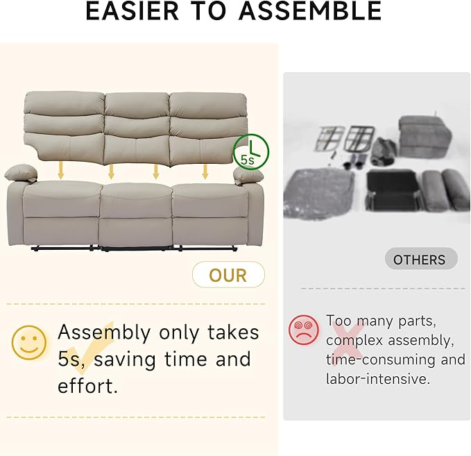 Loveseat Recliner Sofa Set Small Leather Couch 3-Seater Manual Seater Reclining Triple Recliner Chair for Living Room RV Home Theater Seating(Beige 3 Seater Sofa)