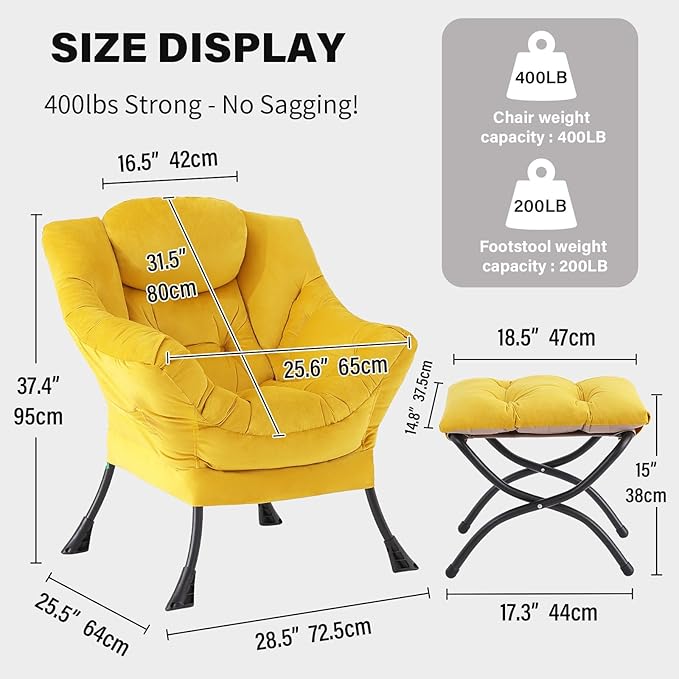 Tiita Lazy Chair with Ottoman Yellow Modern Large Accent Armchair Comfy Leisure Sofa Reading Chair with Footrest for Bedroom Living Room Dorm Rooms Garden Velvet Yellow