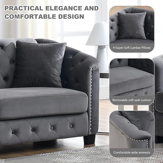 2 Piece Modern Chesterfield Velvet 77 3-Seater+59 Loveseat Sofa Set Upholstered Tufted Backrests with Nailhead Arms and 4 Cushions for Living Room Bedroom ApartmentGrey