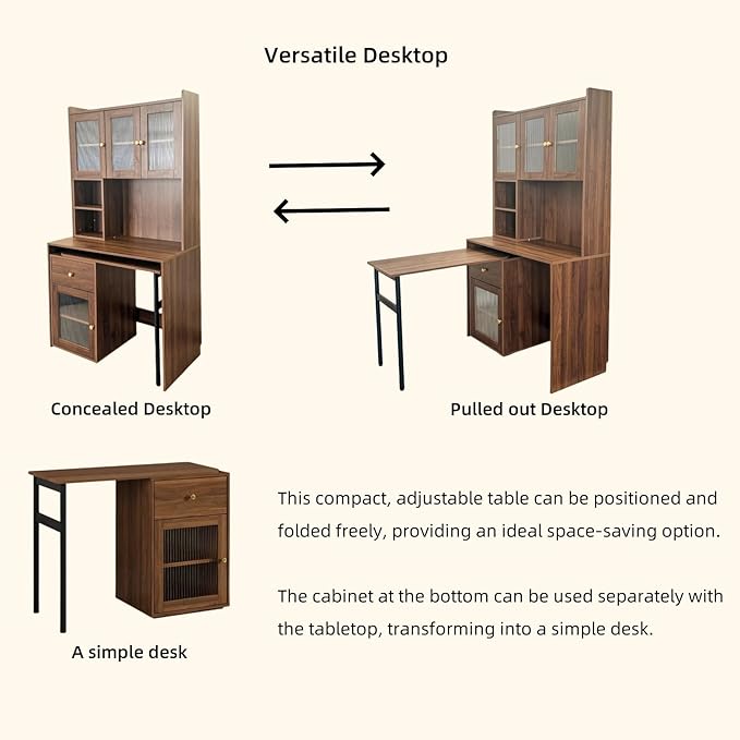 KEIKI L Shaped Home Office Desks with 90° Rotating Retractable Desktop Glass Door Hutch Drawers Bookshelf &amp Storage Shelves Modern Gaming Computer Corner Table for Work Study Writing Walnu
