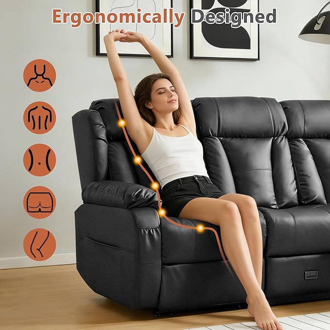 AHMED 3-Seat Manual Reclining Sofa Faux Leather Recliner Couch with Flip-Down Console Home Theater Seating with Cup Holders USB Ports &amp AC Outlet Storage Drawer for Living Room/RV Black