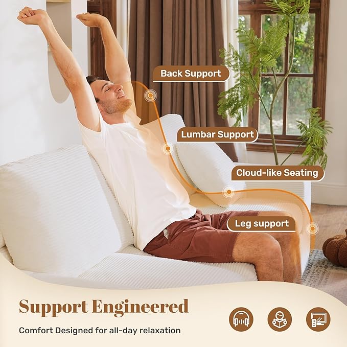 91.7 Boneless Sofa Couch with Layered Cushion3 Seater Cloud Couch with Deep SeatUpholstered Corduroy Floor Sofa with Removable Cover &ampThrow Pillows for Living RoomNo Assembly Beige