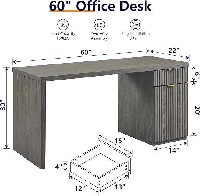 JXQTLINGMU 60 Modern Executive Desk with Storage Wood Home Office Desk with Drawer &amp Cabinet Fluted Computer Writing Desk for Study Living Room Bedroom Grayish Green