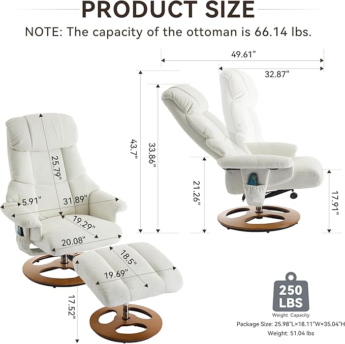 Elegant Chenille Massage Chair with 5 Point Vibration Massage360°Swivel Lounge Chair with OttomanDurable Structure Chaise Lounge with Adjustable Backrest for Living RoomOfficeStudyWhite