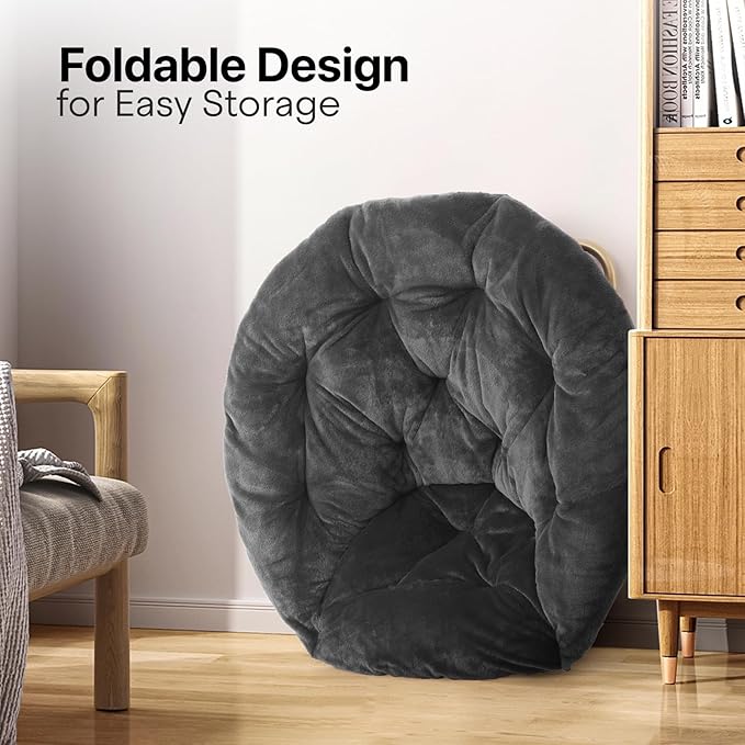 Foldable Oversized Moon Chair with Footrest Large Faux Fur Round Saucer Moon Chair with Folding Footrest Stool for Teens and Adults