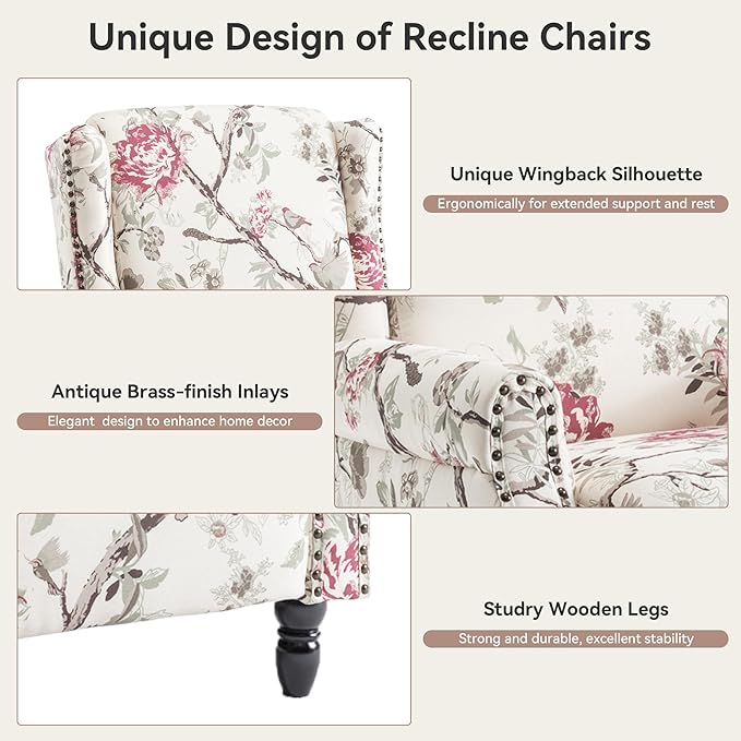 Pushback Recliner Chair Floral Fabric Wingback Recliner Chair Upholstered Rivet Trim Armchair Push Back Recliner Accent Chair for Living Room Small Spaces Plants Floral