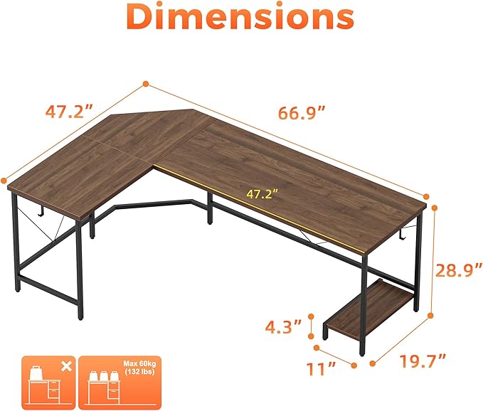 Mericonia 66 inch Large L Shaped Desk Simple Corner Gaming Desk with CPU Stand &amp Hooks Computer Desk for Home Bedroom &amp Office Workspace Walnut