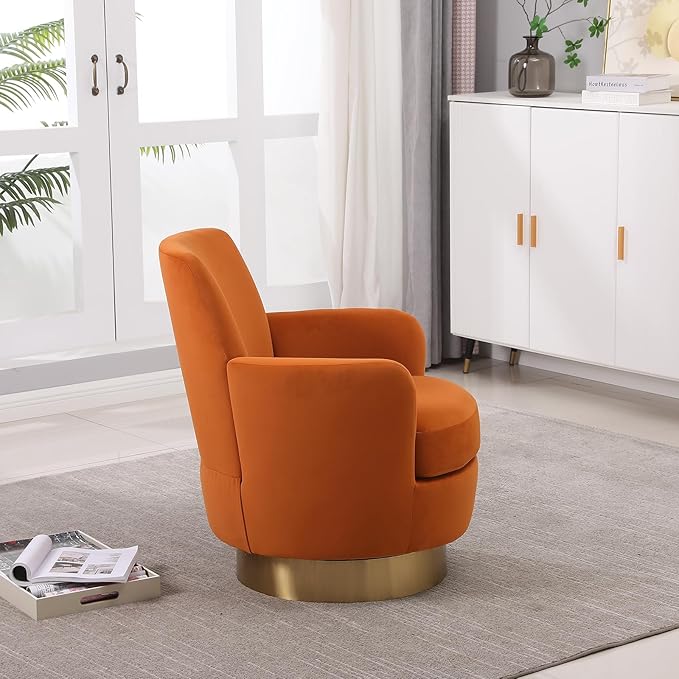 360° Swivel Barrel Accent Chair Comfy Round Accent Chairs with Gold Iron Base &amp Dual-Layer Cushion Modern Lounge Reading Armchair Upholstered Sofa Chair for Living Room Bedroom(Velvet Orange)