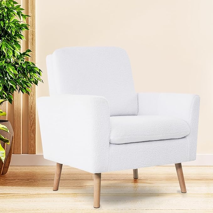 Naomi Home Frida Mid - Century Accent Chairs Set of 2 Durable Wood Frame Living Room Chairs Set of 2 Reading Chair with armrest Soft Teddy Fleece Side Chair Oak Legs arm Chairs - White
