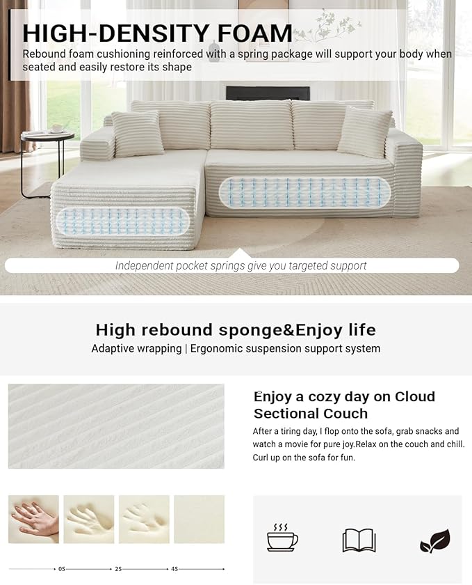 Boneless Couch for Living Room 104 Inch Cloud sectional Couch with Deep Seat Corduroy Modular Sectional Sofa with L-Shape Chaise No Assembly Required (White Left Facing Chaise)