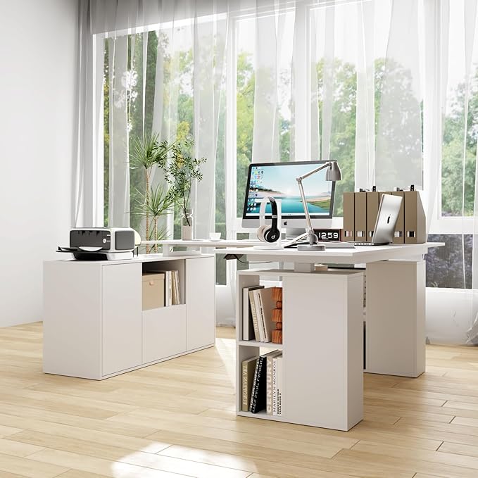 Homsee Electric Height Adjustable Standing Desk with Storage Cabinet U-Shape Computer Desk with Drawer &amp Open Shelves for Home Office Workstation Desk for Writing Study Executive White