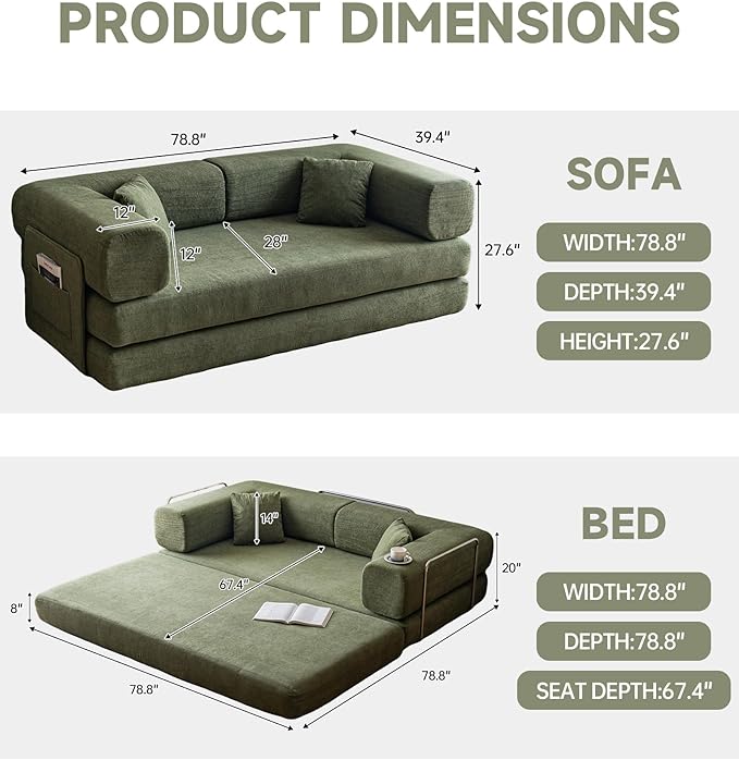 No Assembly Convertible Sofa Bed &amp 79 Boneless Couch with Pocket  5-in-1 Futon Sofa Bed with 2 Pillows Modular Pull Out Couch Bed with FrameCompression in Box for Living Room Small Spaces Green