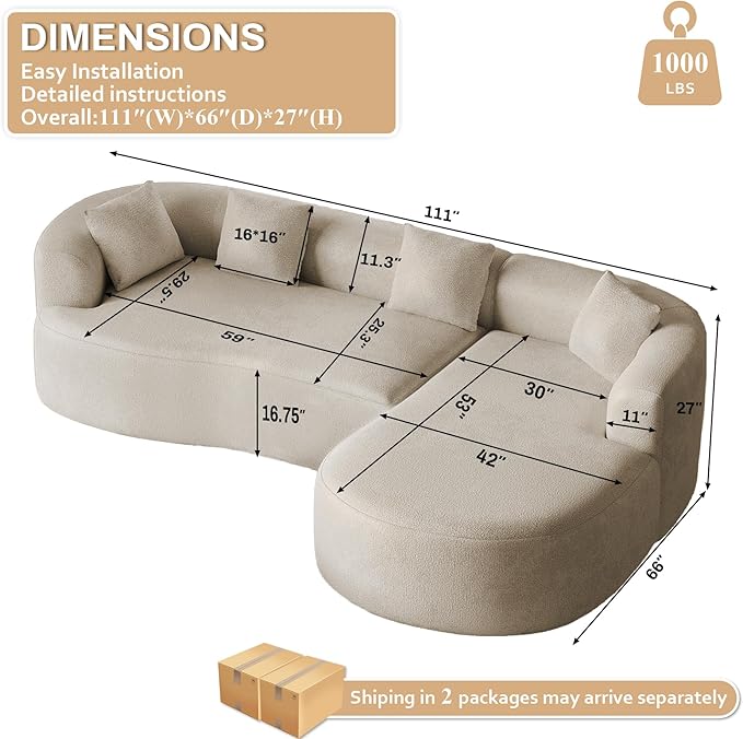 111 Oversized Sectional Sofa with Right Chaise for Living Room Modern Luxury Chenille 4-Seater Couch Extra Deep Seat L-Shape Curved Cloud Couch with 4 Throw Pillows Light Brown