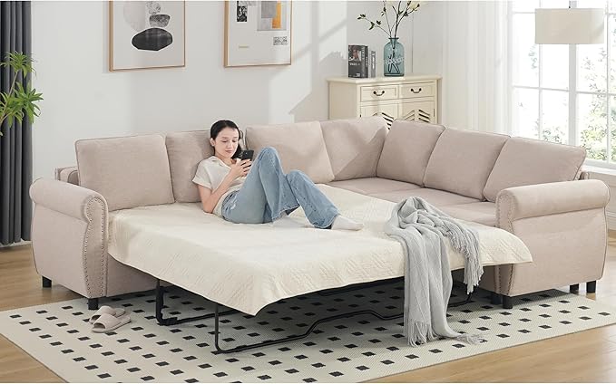 104 2-in-1 Queen Convertible Sleeper Sofa Bed Pull Out Couch Bed6 Seater Sofa Bedwith 3.35 Memory Foam MattressL Shaped Sleeper Sectional Sofa Couch with Rivet HandrailLiving Room