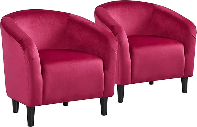 Yaheetech Accent Chairs Velvet Barrel Chair Cozy Club Chairs with Sturdy Legs and Soft Padded Seat for Bedroom/Living Room/Reading Room Rose Red Set of 2