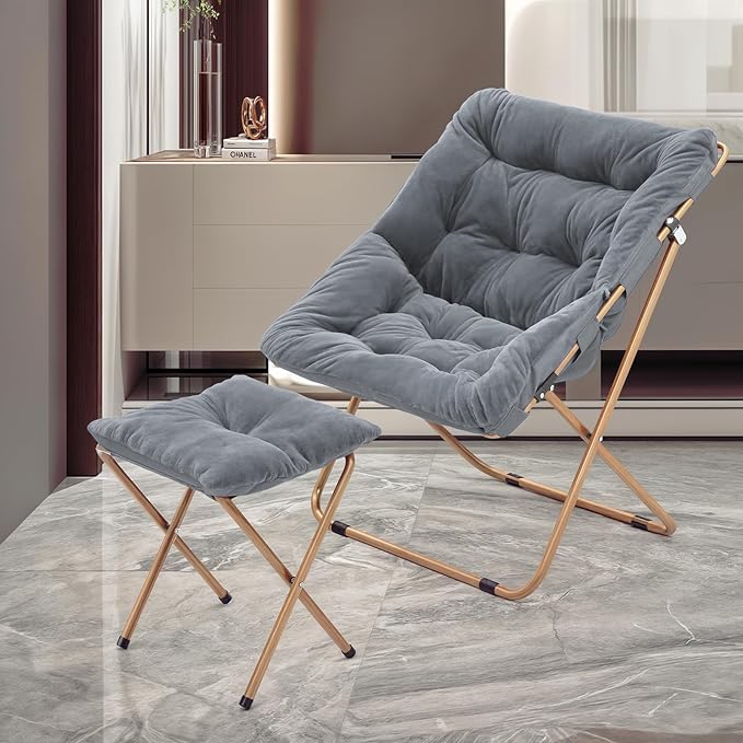 MoNiBloom Square Folding Faux Fur Saucer Chair for Bedroom Living Room Dorm Foldable Metal Frame Oversized Large Comfy Furry Padded Soft Cozy Moon Chair with Footrest Ottoman for Adults (Gray 2 Set)