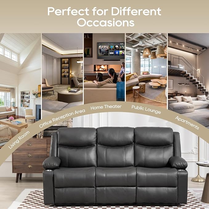 Manual Reclining Sofa - 3 Seat Recliner Sofa with Heat &amp Massage Function Wall-Hugger Reclining Sofa for Living Room (Grey)