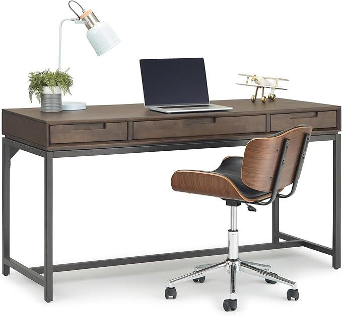 SIMPLIHOME Banting Desk - 60 Inch Wide Solid Wood and Metal Writing Desk in Walnut Brown Modern Industrial Home Office Computer Table for Study with 2 Drawers and Flip-Down Keyboard Tray