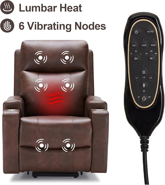 Triple Motor Power Lift Recliner Chair with Adjustable Lumbar Support Lay Flat Recliner for Elderly Breathable Brown Leather Recliner Lift Chair Massage &amp Heating USB Ports Cup Holders
