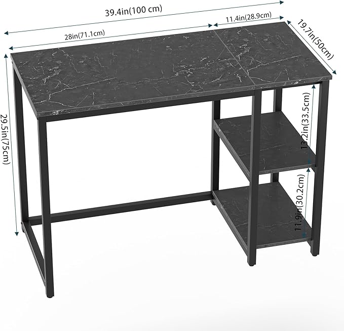 SINPAID Computer Desk 40 inches with 2-Tier Shelves Sturdy Home Office Desks with Large Storage Space Modern Gaming Desk Study Writing Laptop Table Black Marble