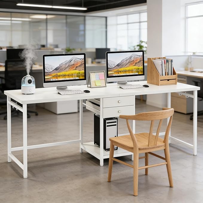 78 Inch White Two Person Office Desk with Drawers Extra Long Double Computer Desk with Storage Modern Writing Study Table Workstation for Home Office