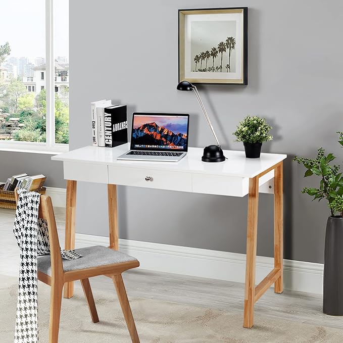 COSTWAY 42 Computer Desk with Storage Drawer Modern Home Office Writing Study Table with Solid Rubber Wood Legs &amp Non-Slip Foot Pads Multifunctional Makeup Vanity Dressing Table (Wood and White